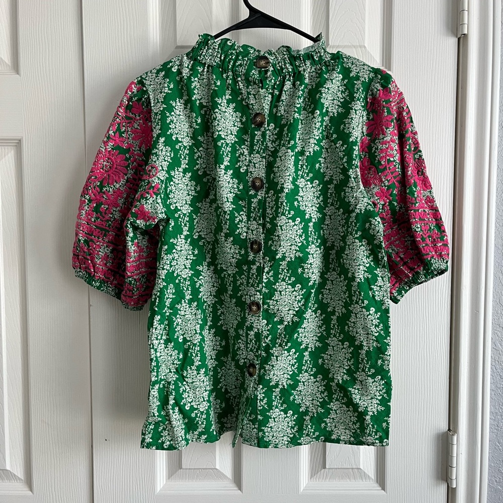 THML green blouse with pink details, smocked neck, medium